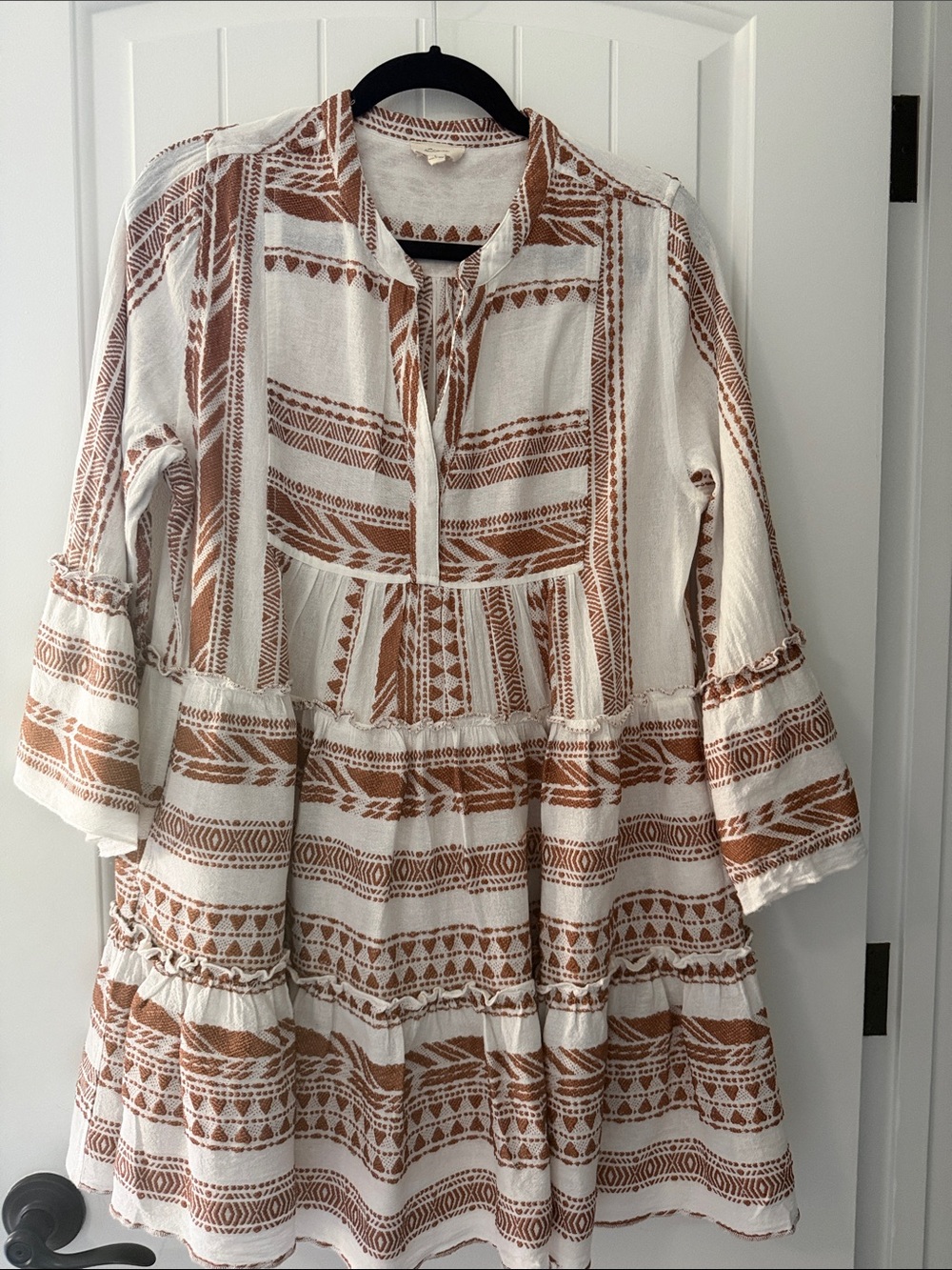 Elan White and Rust Patterned Tiered Boho Dress